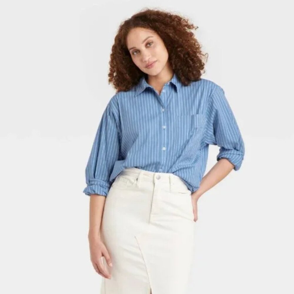 A New Day Women's Long sleeve blue & white striped button front shirt, Size S